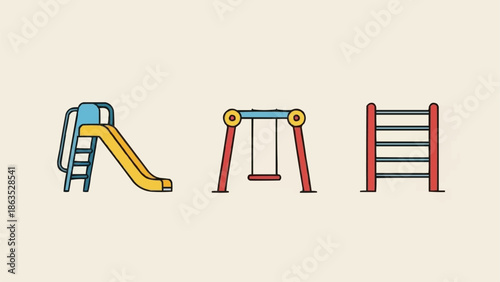 Colorful Playground Equipment Set Isolated on Beige Background.