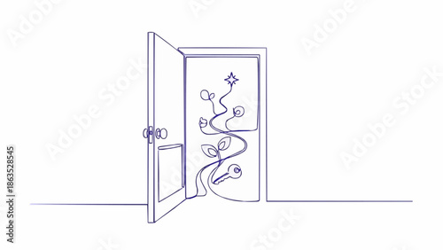 Open Door Revealing Growing Plant and Key.