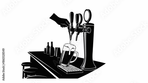 Hand pouring beer from a tap into a glass at a bar.