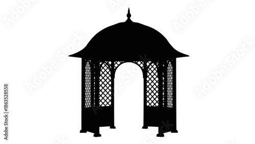 Silhouette of a decorative garden gazebo with a domed roof.