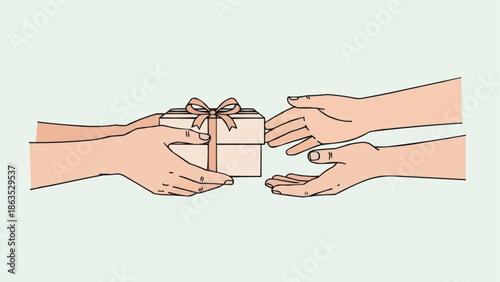 Hands exchanging a gift box with a ribbon.