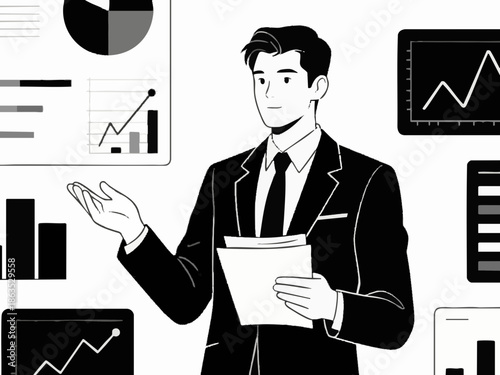 Simple illustration of a businessperson explaining, presenting, or proposing. Vector. Chic. Modern.