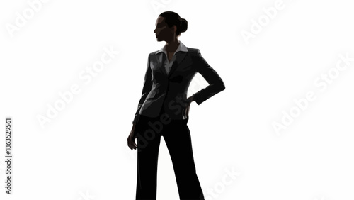 Silhouette of a confident businesswoman in a suit standing against a white background.