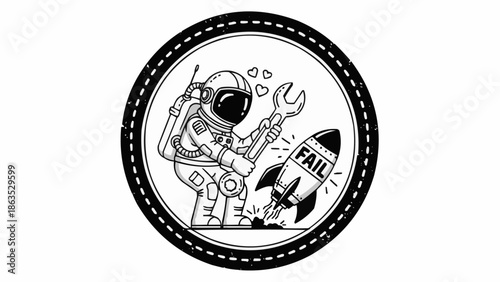Astronaut attempts to fix rocket with wrench in space illustration.