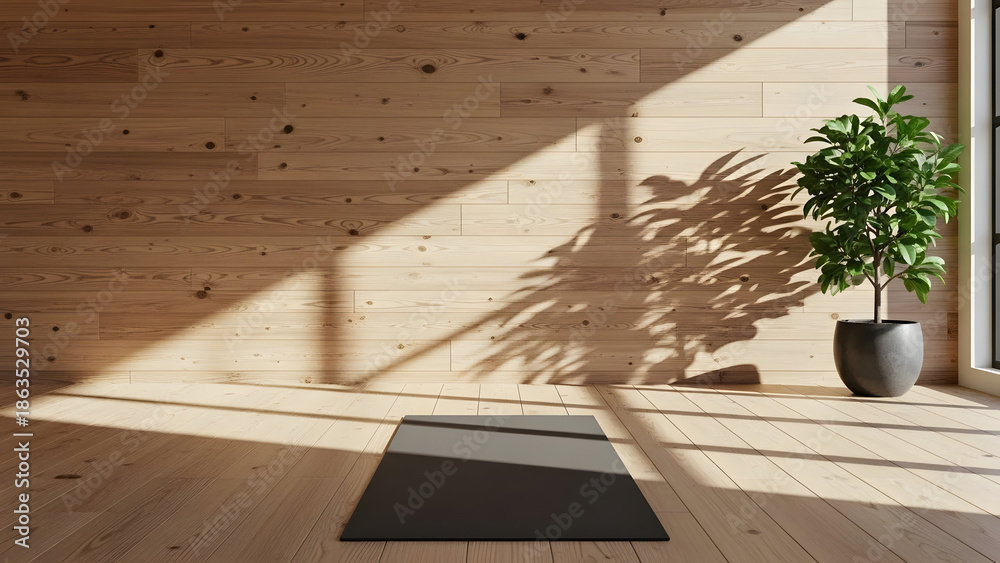 Fototapeta premium Serene interior with yoga mat and potted plant on wooden floor