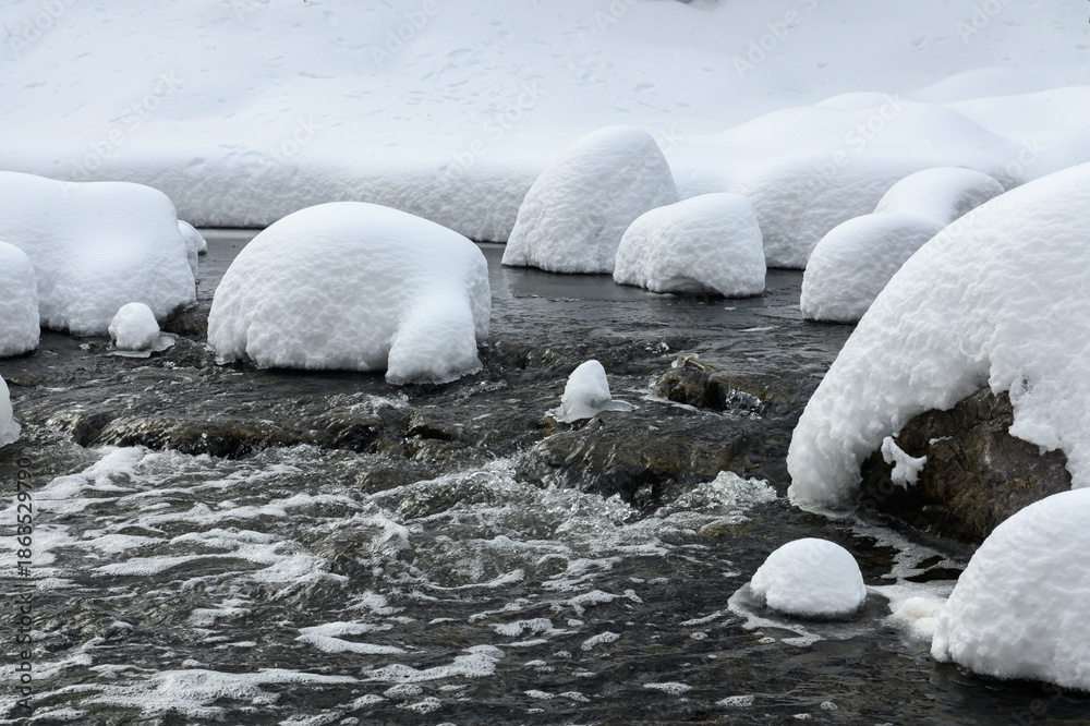 Obraz premium Snow-Covered Rocks in Creek