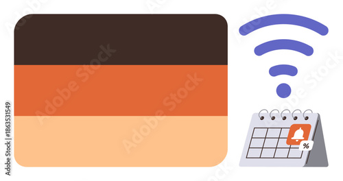 Time management, connectivity, schedules, digital tools, notifications, productivity. Calendar icon with alert and wireless signal. Time management and connectivity for modern productivity