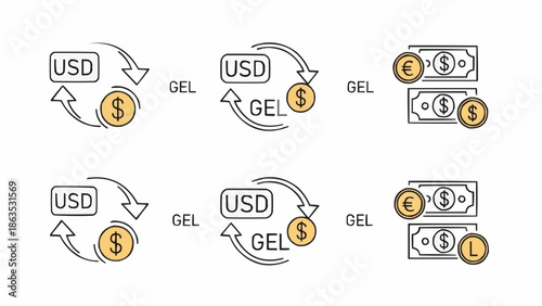 Currency Exchange Icons USD to GEL and EUR to USD.