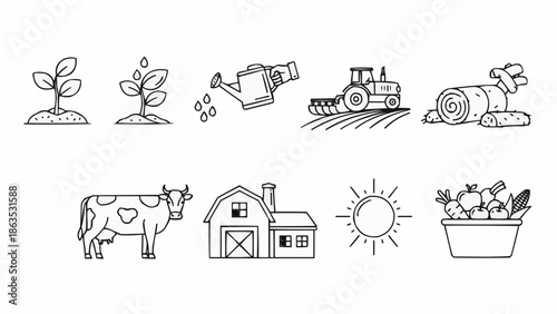 Farm life icons set with cow tractor barn and plants.