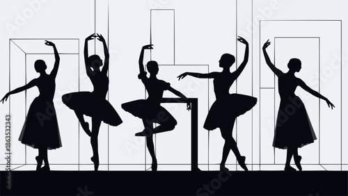 Five ballet dancers in silhouette performing on stage.