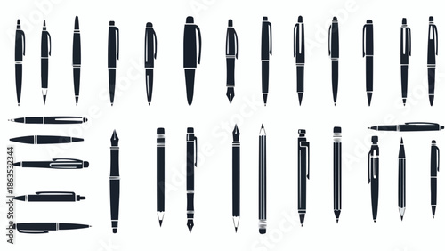 Collection of Various Pen Silhouettes Isolated on White Background.