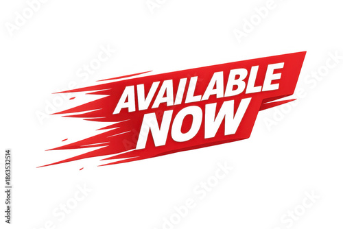 Available now red tag banner for instant online sales marketing promotion and new product release announcement