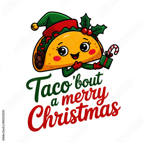 Whimsical Christmasthemed taco illustration with festive hat and candy cane spreading holiday cheer