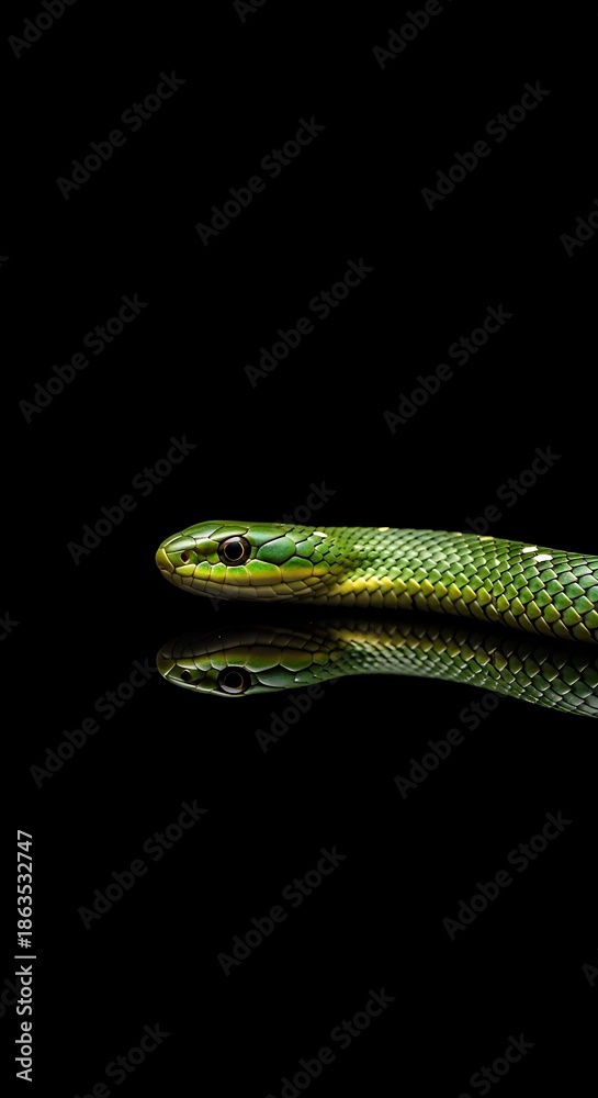 Fototapeta premium Vibrant green reptile displays striking coloration against deep, dark background