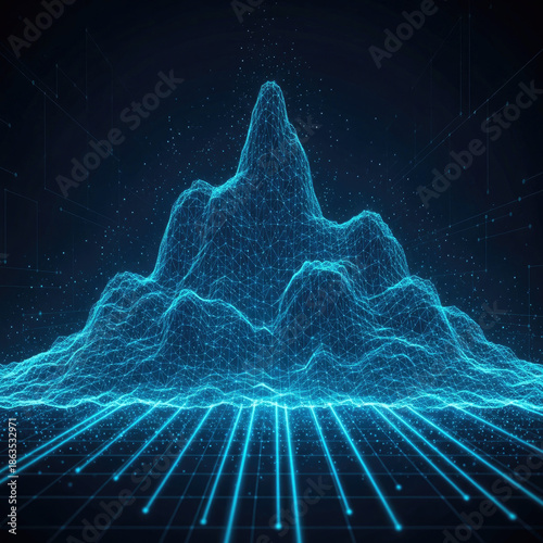 Abstract 3D Digital Mountain Landscape with Glowing Blue Lines.