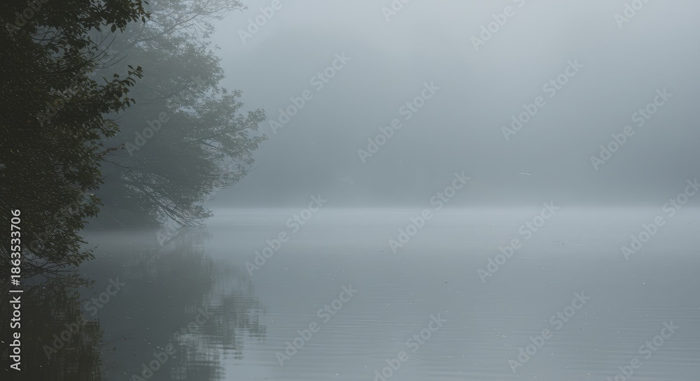 Fototapeta premium Misty lake scene with trees