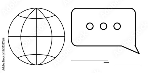 Globe representing worldwide network paired with speech bubble symbolizing communication, dialogue, and messages. Ideal for globalization, digital interaction, social media, technology, network