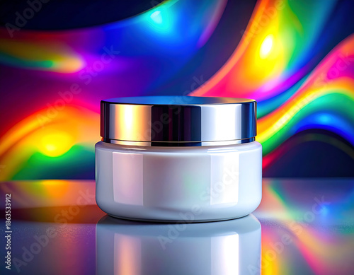 Futuristic cream jar with metallic lid on reflective surface amidst vibrant colors