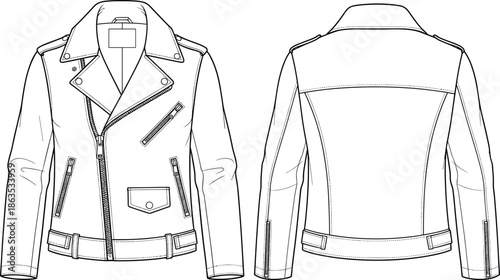 Biker jacket fashion sketch, asymmetrical zipper, notched lapel, belted waist, zip pockets, epaulets, cad drawing flat vector illustration