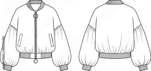 Bomber jacket fashion sketch, ribbed collar, balloon sleeve, circular zipper pull, welt pockets, front back view, cad drawing flat vector illustration