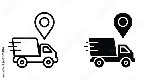 Delivery truck with location pin icon set