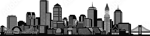 City skyline silhouette, black and white urban architecture, iconic buildings, bridges, domes, spires, vector illustration, metropolitan landscape, detailed line art