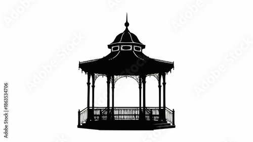Ornate Victorian Gazebo Silhouette on White Background.