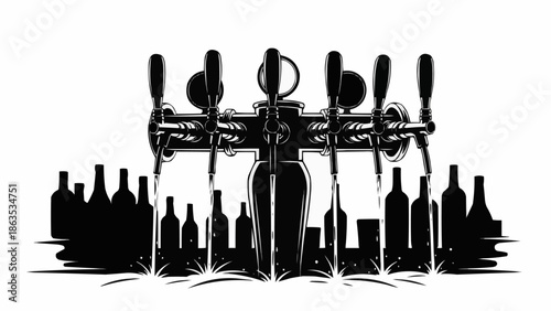 Beer taps and bottles in silhouette for a bar or pub setting.