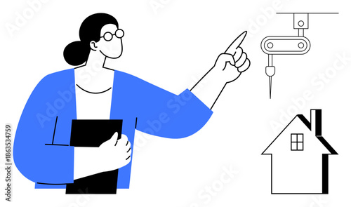 Engineering, automation, robotics, construction, home building, innovation. A person pointing at a robotic arm alongside a house. Engineering and automation concepts for modern construction