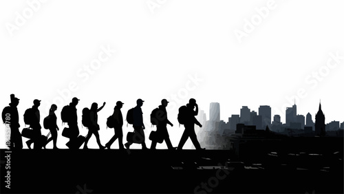 Silhouette of a group of people walking with luggage in front of a city skyline.