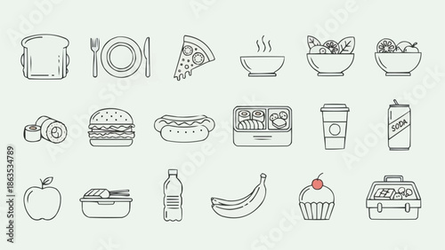 Collection of various food and drink icons in a simple line art style.