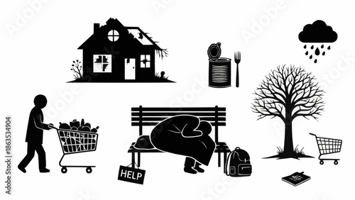 Homelessness and poverty illustration with various symbols.
