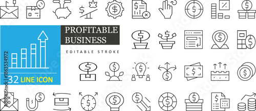 Profitable Business icon set with editable stroke, featuring strategy, revenue, competitive advance, Pack finance, money, investment, banking, growth, product and chart. Editable stroke illustration
