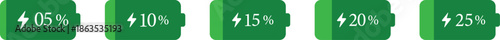 Battery Percentage Icon set. Battery charge level indicators showing different power levels isolated on transparent background. Monochrome battery charge level indicator icons.