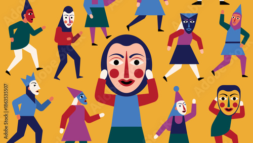 A colorful illustration of people wearing and holding masks, suggesting a festive or traditional gathering.