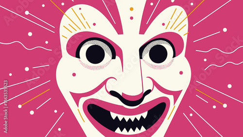 A vibrant graphic illustration of a stylized, theatrical face with sharp teeth and wide eyes on a pink background.