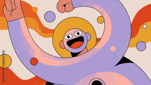 A vibrant cartoon illustration of a joyful person with raised arms, celebrating amidst abstract colorful shapes and circles.