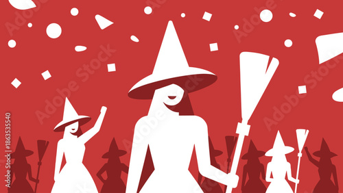 A vibrant red background features white silhouettes of women dressed as witches, holding brooms, with confetti falling, creating a festive and magical atmosphere.