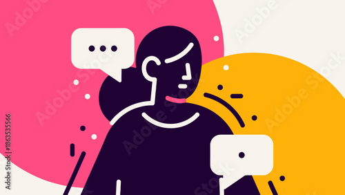 Stylized illustration of a person communicating with speech bubbles and abstract colorful background.