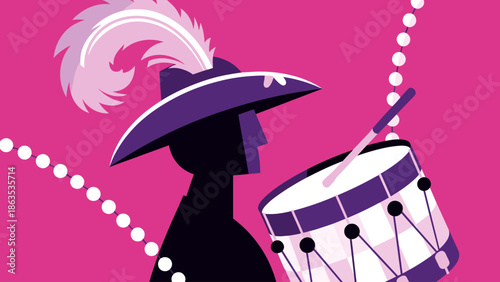 A graphic illustration of a person in a feathered hat playing a drum against a vibrant pink background with white beads.