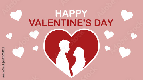 A romantic illustration for Valentine's Day featuring a couple's silhouettes within a large red heart, surrounded by smaller white hearts on a pink background.