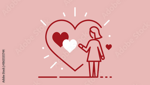 A minimalist line art illustration of a woman interacting with a large heart, symbolizing love, care, and emotional connection on a pink background.