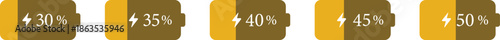 Battery Percentage Icon set. Battery charge level indicators showing different power levels isolated on transparent background. Monochrome battery charge level indicator icons.