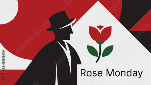 A stylized graphic illustration depicting a man in a fedora hat looking at a red rose, with 'Rose Monday' text and abstract geometric shapes in red, black, and white.