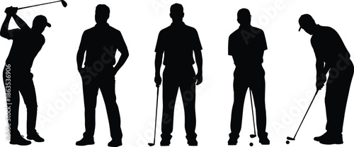 Golf pose silhouette set, black vector illustration, casual and active stances, putting, swinging, standing with club, sports motion, graphic icons