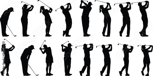 Golf swing silhouette set, black vector illustration, male and female golfers, dynamic poses, athletic motion, sports technique, swing stages, graphic icons