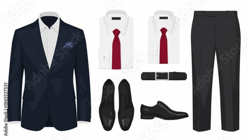 Formal Menswear Collection With Suit Shirt Tie Shoes and Pants.