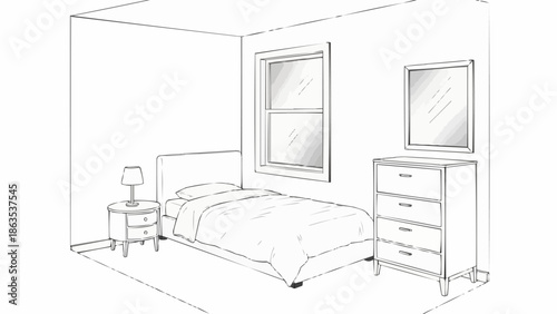 Simple Bedroom Interior Sketch with Bed and Dresser.