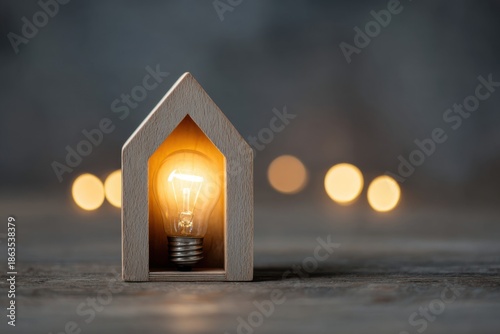Wooden house-shaped cutout with glowing lightbulb (1)