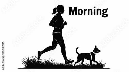 Silhouette of a woman running with her dog in the morning.